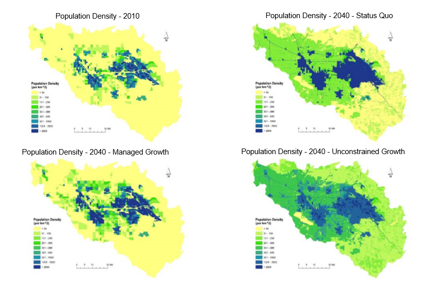 Figure 1: Alternative scenarios of population density in the Boise metropolitan area.